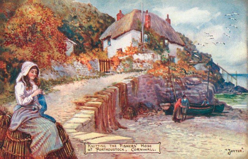 Kvinne strikker fiskeslange, Porthoustock, Cornwall (farge litho) av English School