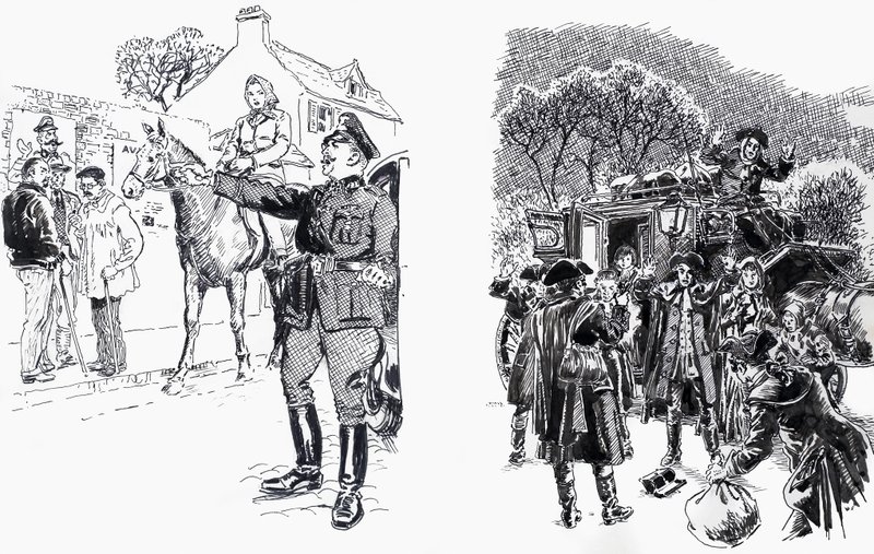 Kvinne til hest med offiser pluss Highwaymen av English School