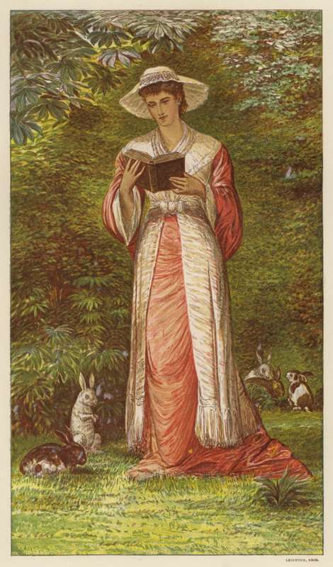 Kvinne leser en bok i en hage med kaniner (farge litho) av English School