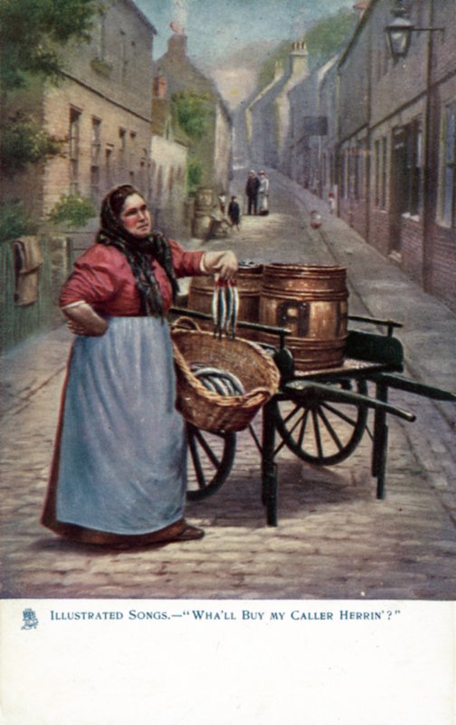 Kvinne som selger sild fra en gravbåre (farge litho) av English School