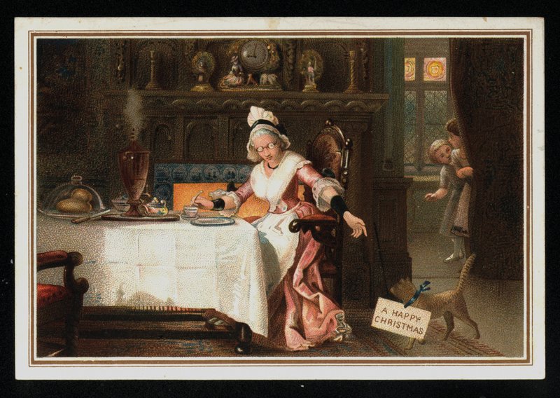 Kvinne tar te med katten sin, julehilsenskort. (chromolitho) av English School