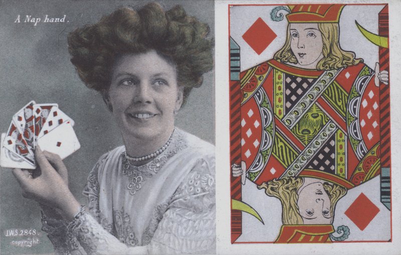 Kvinne med spillekort og Jack of Diamonds (farge litho) av English School