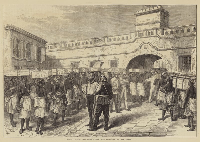 Kvinner forlater Cape Coast Castle med proviant til troppene (gravering) av English School