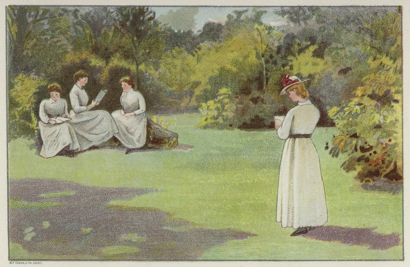 Kvinner slapper av i et rolig hjørne av Bournville, Birmingham (chromolitho) av English School
