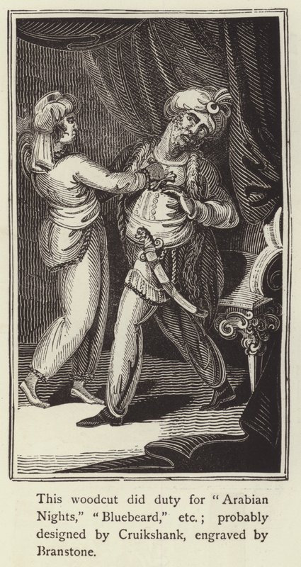 Tresnitt som gjorde plikt for Arabian Nights, Bluebeard, etc (gravering) av English School