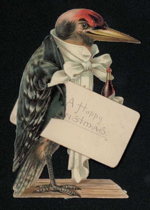 Hakkespett kledd som en kelner eller butler, julehilsenkort (chromolitho) av English School