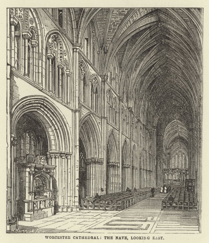 Worcester Cathedral, kirkeskipet, med utsikt mot øst av English School