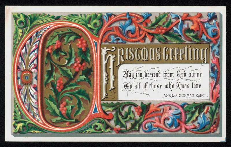 Ord fra en anglo-normannisk julesang, julekort. (chromolitho) av English School