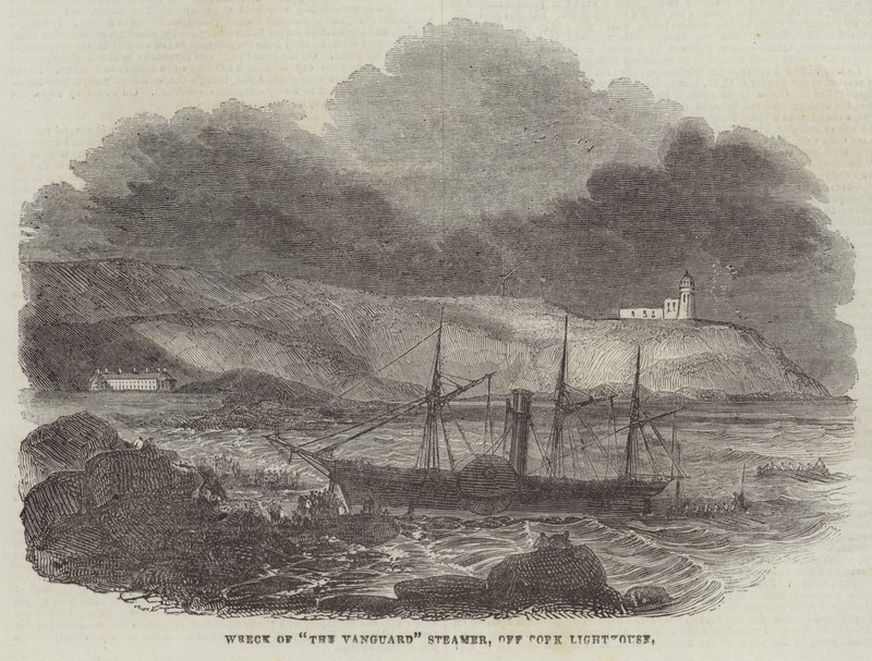 Vraket av "The Vanguard" Steamer, utenfor Cork Lighthouse (gravering) av English School