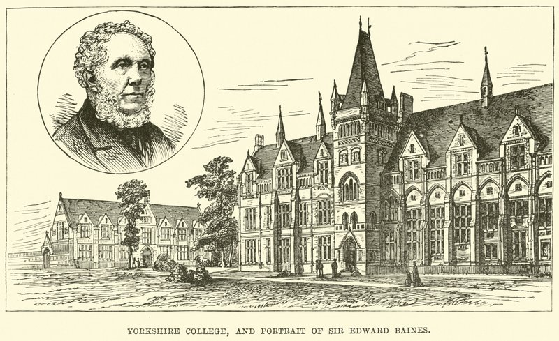 Yorkshire College, og portrett av Sir Edward Baines av English School