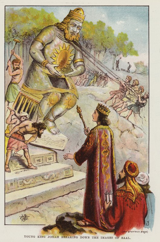 Ung kong Josiah bryter ned bildene av Baal (farge litho) av English School