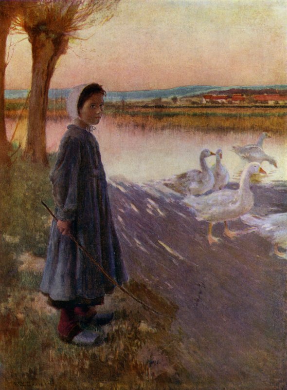 Ung jente som passer en flokk gjess (farge litho) av English School