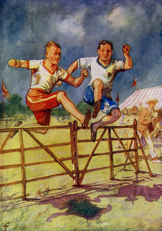 Unge menn som konkurrerer i en steeplechase (farge litho) av English School