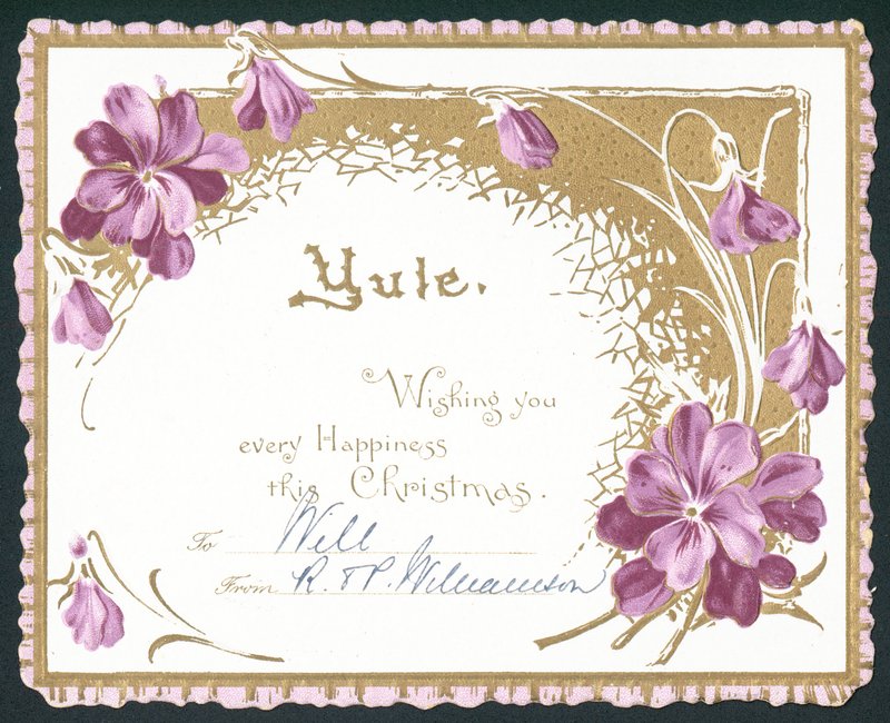 Jul, fiolette blomster, julekort av English School