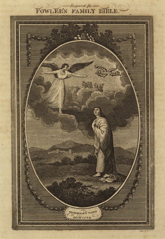 Sakarias syn, Sakarja, kapittel 1, vers 18 (gravering) av English School