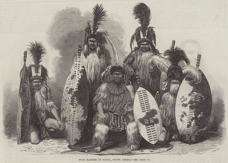 Zulu Kaffirs of Natal, Sør-Afrika (gravering) av English School