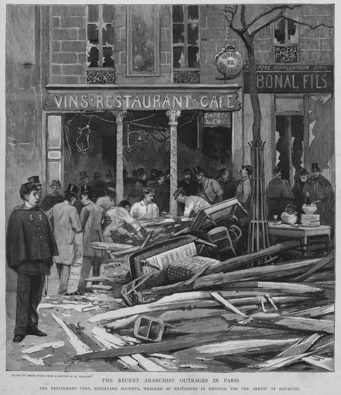 Anarkistisk terror i Paris: bombing av Restaurant Very på Boulevard de Magenta som hevn for arrestasjonen av Ravachol, 25. april 1892 (litho) av Enoch Ward