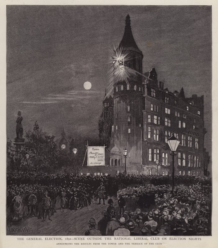 Kunngjøring av resultatene fra generalvalget i 1892 fra Liberal Club, Westminster, London (litho) av Enoch Ward