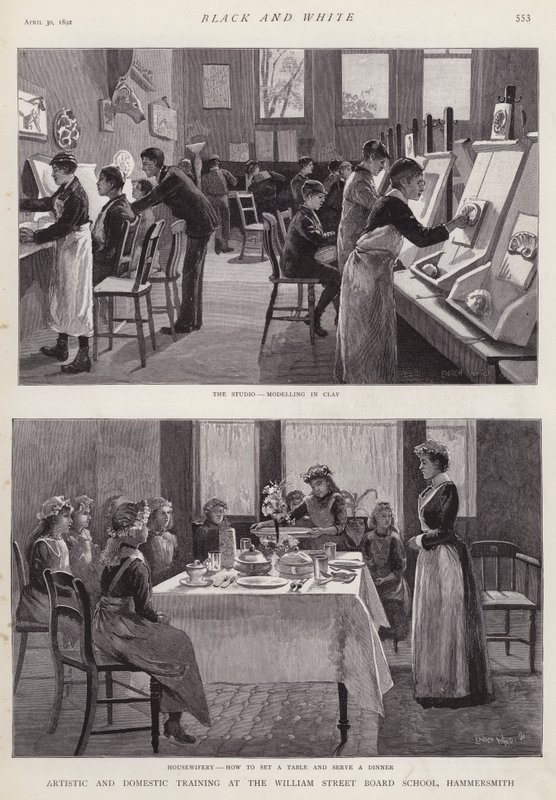 Kunstnerisk og huslig trening ved William Street Board School, Hammersmith, London (litho) av Enoch Ward