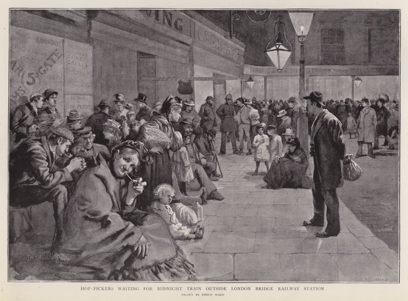 Humleplukkere venter utenfor London Bridge Station på midnattstoget til Kent (litho) av Enoch Ward