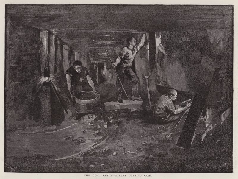 Gruvearbeidere som jobber under jorden ved kullflaten (litho) av Enoch Ward