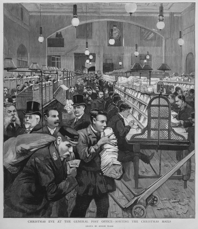 Sortering av juleposten på General Post Office, London, julaften av Enoch Ward