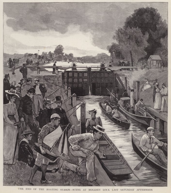 Slutten av båtsesongen: scene ved Molesey Lock ved Themsen, Surrey (litho) av Enoch Ward