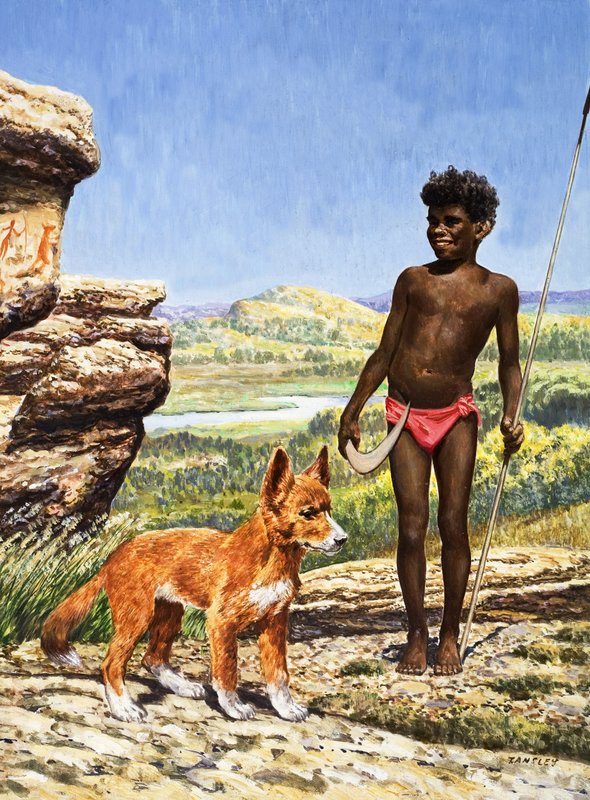 Aboriginsk gutt med dingo (gouache på papir) av Eric Tansley