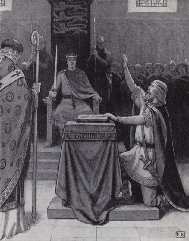 Harold Godwinson sverger en ed på hellige relikvier for å støtte William, hertugen av Normandies krav på den engelske tronen (litho) av Ernest (after) Board