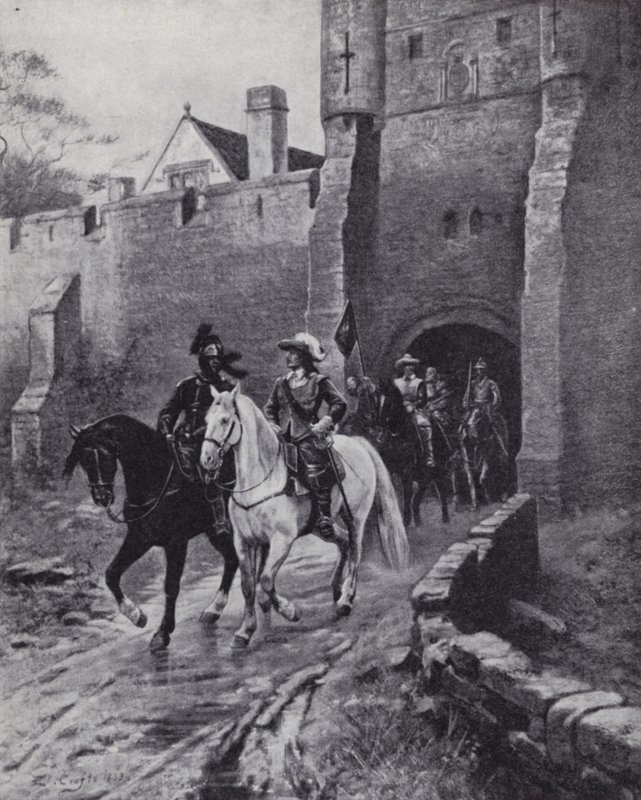 Oliver Cromwell med hæren sin i Bootham Bar, York da Charles II prøvde å gjenvinne tronen i 1650 (litho) av Ernest (after) Crofts