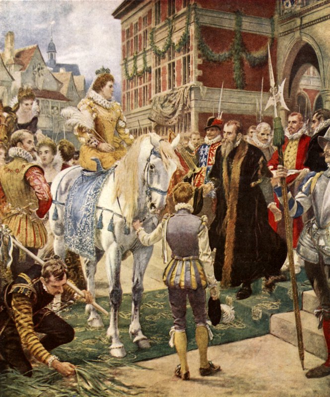 Dronning Elizabeth åpner Royal Exchange (farge litho) av Ernest (after) Crofts