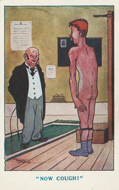 Lege ber en naken mann hoste under en medisinsk undersøkelse (farge litho) av Ernest (after) Noble