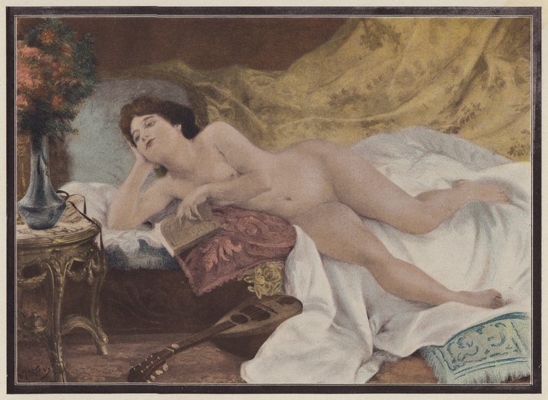 Den siste siden av romanen, kvinne som leser (farge litho) av Ernest Edouard Martens