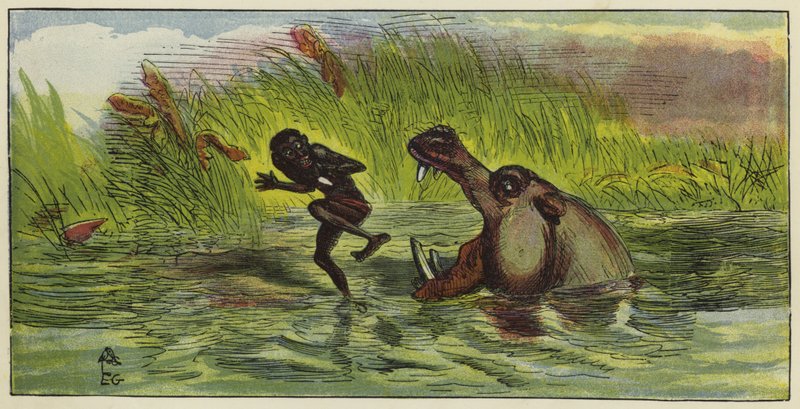 Ashanti-mann blir truet av en flodhest av Ernest Henry Griset