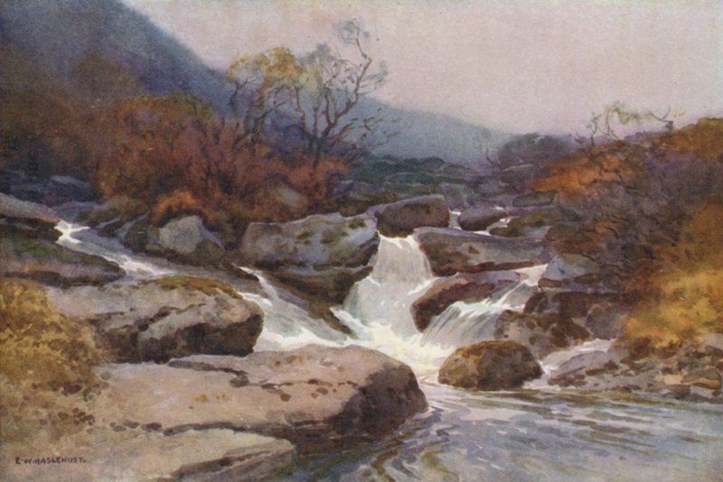 En Dartmoor-strøm (farge litho) av Ernest William Haslehust