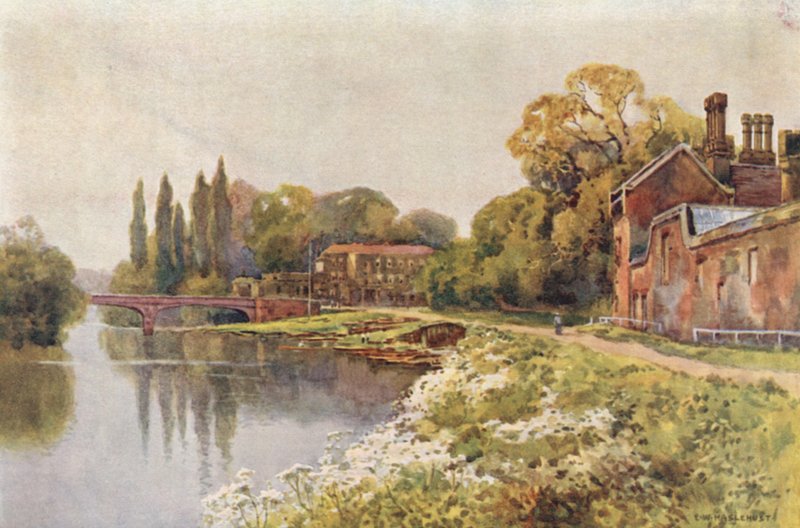 På Hampton Court (farge litho) av Ernest William Haslehust
