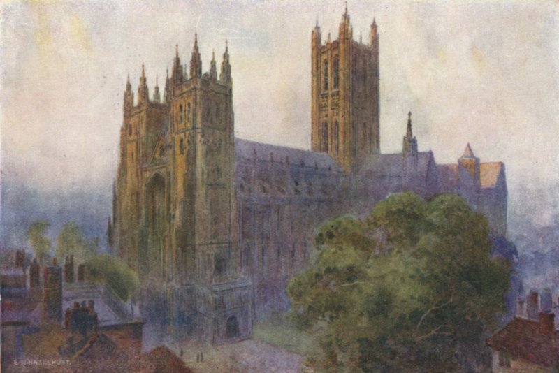 Canterbury Cathedral fra Christ Church Gate (farge litho) av Ernest William Haslehust