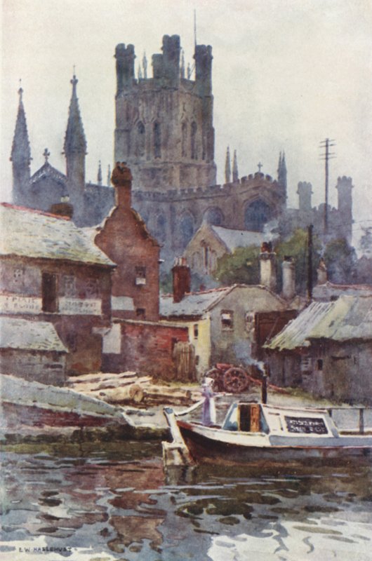 Chester Cathedral from the Canal (farge litho) av Ernest William Haslehust