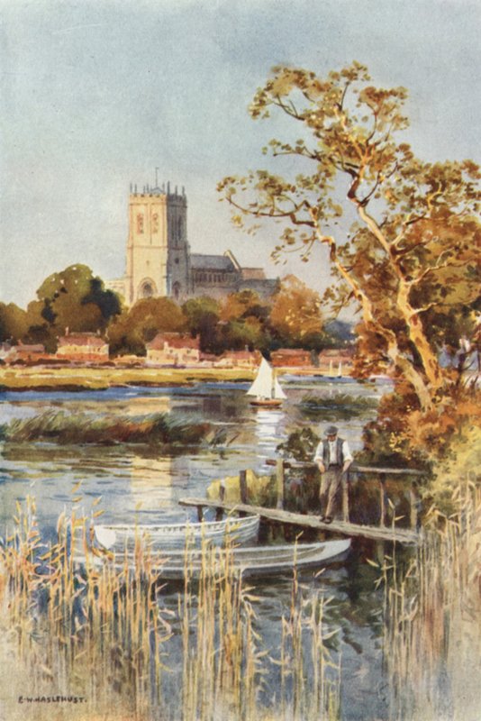 Christchurch Priory fra Wick Ferry (farge litho) av Ernest William Haslehust