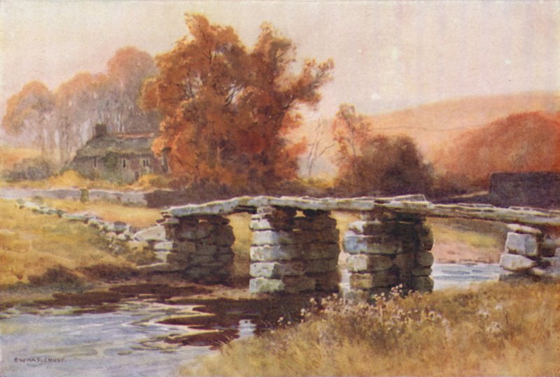 Clapper Bridge, Postbridge (farge litho) av Ernest William Haslehust