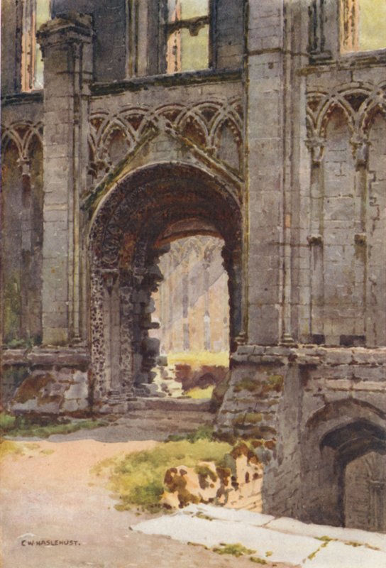 Døråpning til Chapel of St. Mary, Glastonbury Abbey (litho-farge) av Ernest William Haslehust