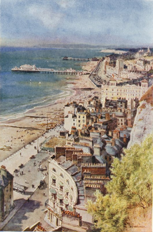 Hastings og St. Leonards fra slottet (farge litho) av Ernest William Haslehust
