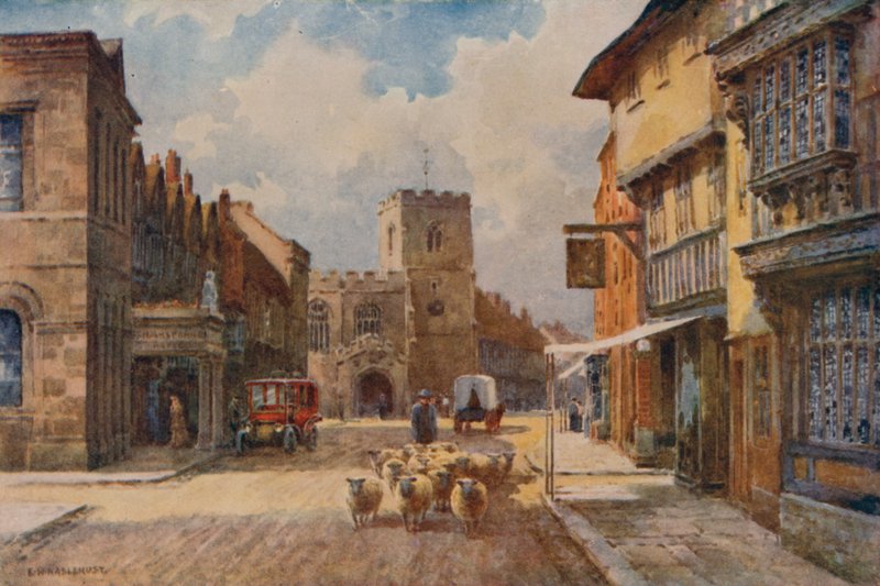 High Street, Stratford-on-Avon (litho-farge) av Ernest William Haslehust