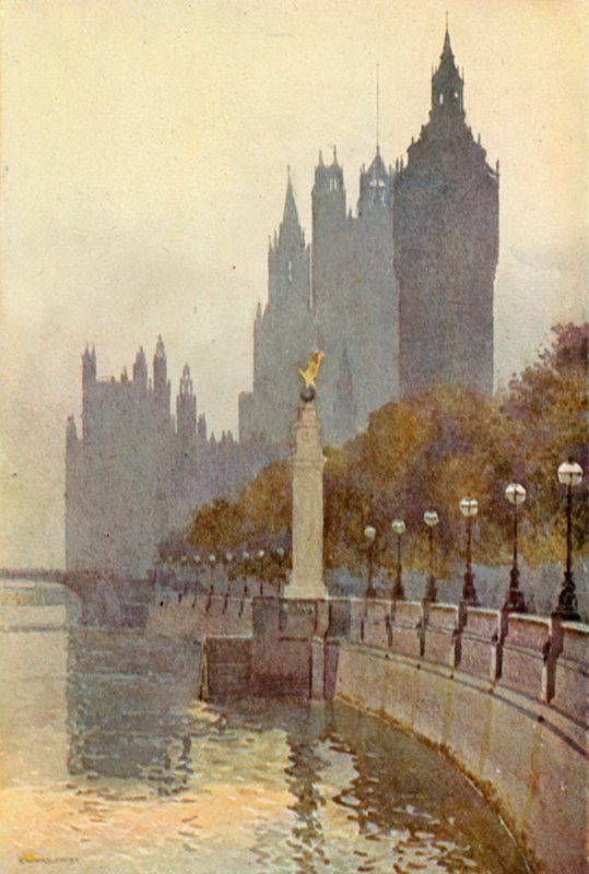 Houses of Parliament fra Embankment (farge litho) av Ernest William Haslehust