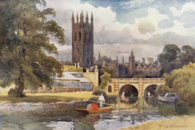 Magdalen College fra Cherwell (farge litho) av Ernest William Haslehust