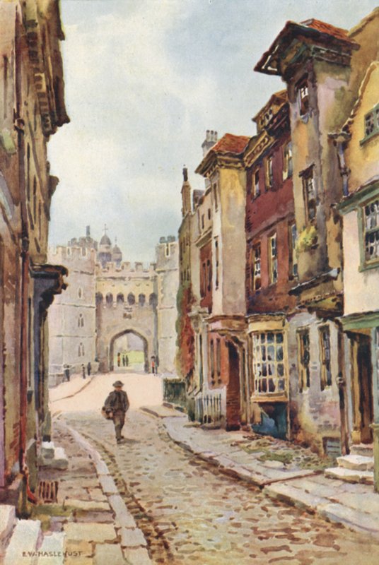 Nell Gwyns hus og Henry VIII Gateway (farge litho) av Ernest William Haslehust