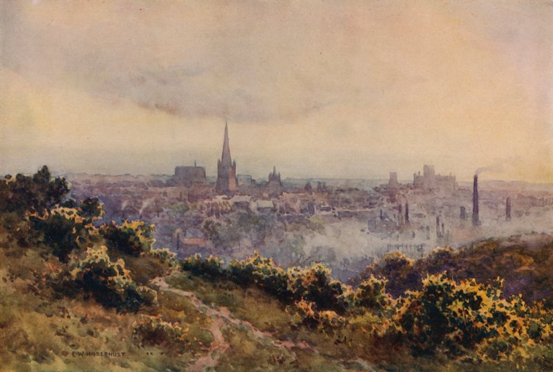 Norwich fra Mousehold Heath (farge litho) av Ernest William Haslehust