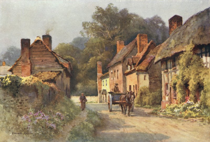 Gamle hytter, Fownhope (farge litho) av Ernest William Haslehust