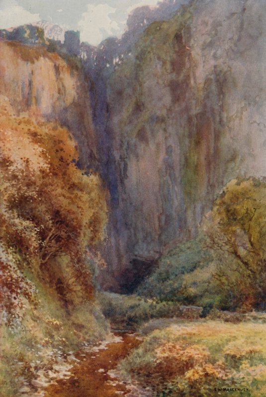 Peak Cavern Gorge, Castleton (litho-farge) av Ernest William Haslehust