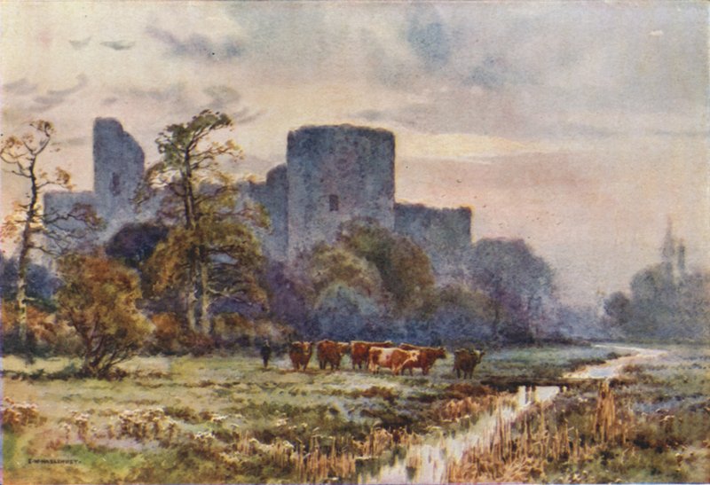 Pevensey Castle from the Meadows (farge litho) av Ernest William Haslehust